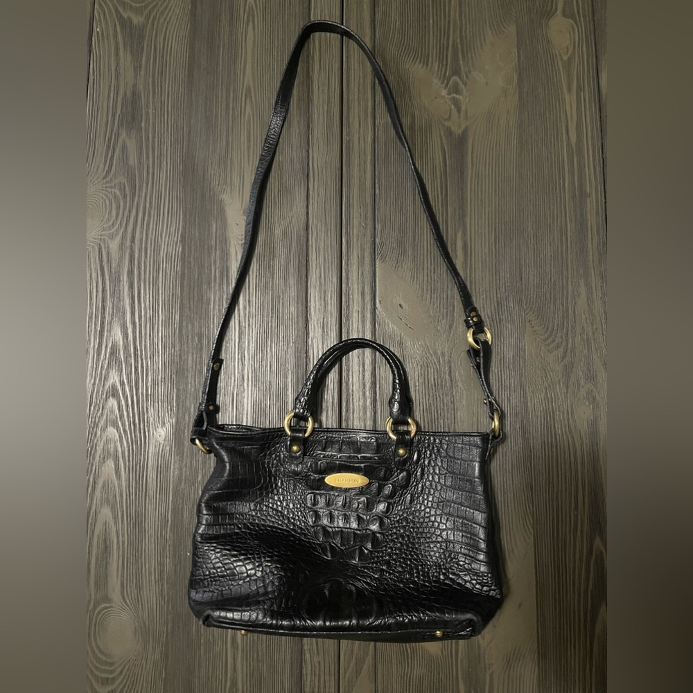 Brahmin Handbag Black Leather Black Strap / Handles Gold Hardware